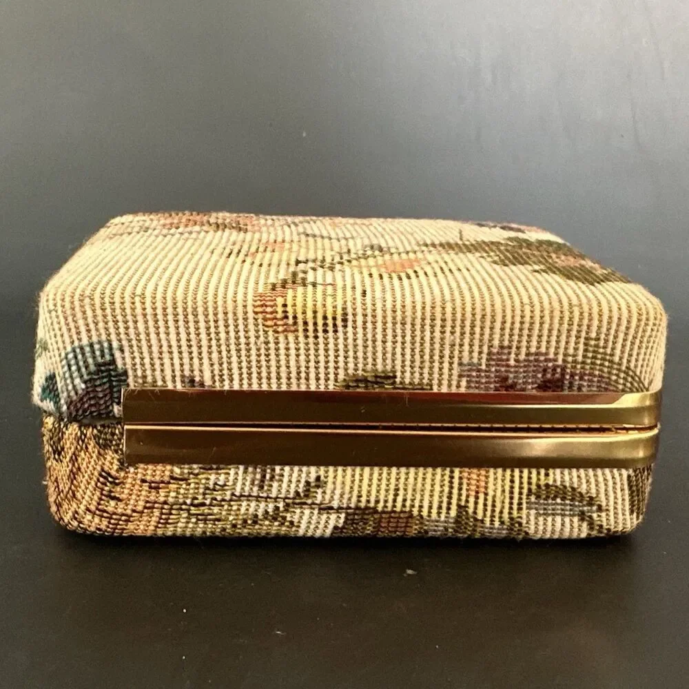 Vintage Tapestry Jewelry Box Travel Case Floral Needlepoint Coquette Case Holder